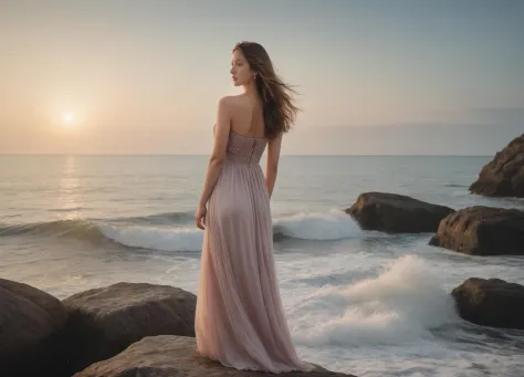 una mujer, alone, en un vestido, frente al océano y el agua, Con cabello largo, en un entorno al aire libre. Llevando un vestido sin tirantes, ella estaba de pie sobre las rocas en olas y con los hombros desnudos. Todo su cuerpo bañado por el sol poniente., vestido largo ondeando, hermosa imagen.