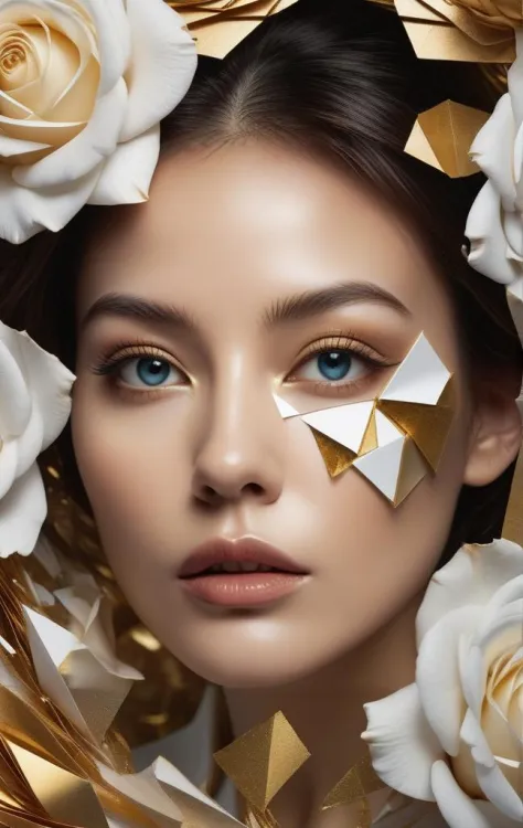 Ultra detailed artistic abstract photography of woman's face (geometrical), golden, white roses, detailed symmetric circular iri...