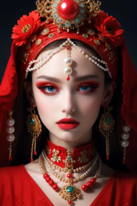 <lora:hn_20231012160802:0.9>,hn,1girl,solo,blue eyes,red theme,makeup,jewelry,looking at viewer,red lips,gem,hair ornament,blond...