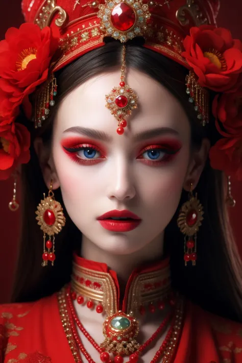 <lora:hn_20231012160802:0.9>,hn,1girl,solo,red theme,red lips,blue eyes,looking at viewer,makeup,gem,hair ornament,flower,closed...