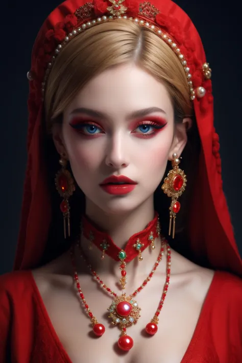 <lora:hn_20231012160802:0.9>,hn,1girl,solo,blue eyes,red theme,makeup,jewelry,looking at viewer,red lips,gem,hair ornament,blond...