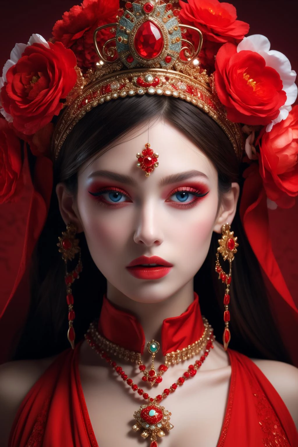 hn,1girl,solo,red theme,flower,red background,makeup,red flower,hair ornament,blue eyes,looking at viewer,jewelry,red lips,rose,gem,hair flower,red rose,eyeshadow,portrait,closed mouth,lipstick,red hair,upper body,necklace,simple background,crown,eyeliner,beads,