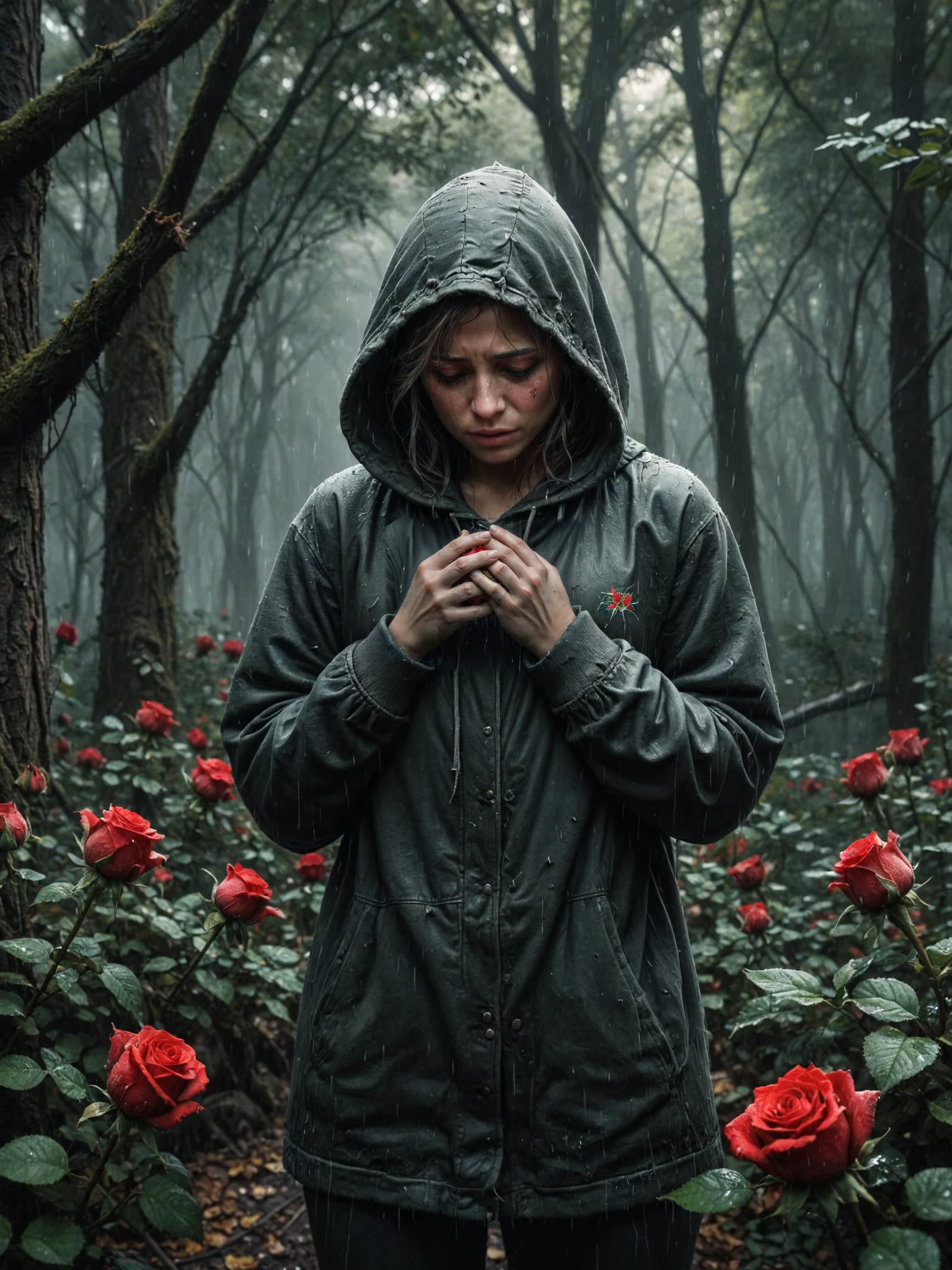 broken grief heart character crying, grief scene, most of red roses, most details, raining weather, in the dark forest, 32k, UHD, HDR, crying, tears, wearing hood, ais-abandz, (dark theme:1.2), Perfect Hands
