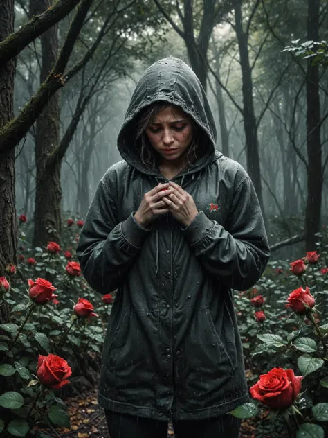 broken grief heart character crying, grief scene, most of red roses, most details, raining weather, in the dark forest, 32k, UHD...