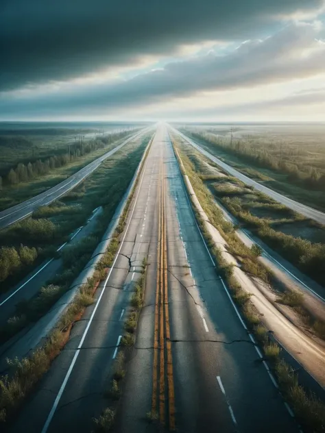 An ais-abandz highway extending into the distance <lora:Abandoned_SDXL:1>, 4k, uhd,masterpiece