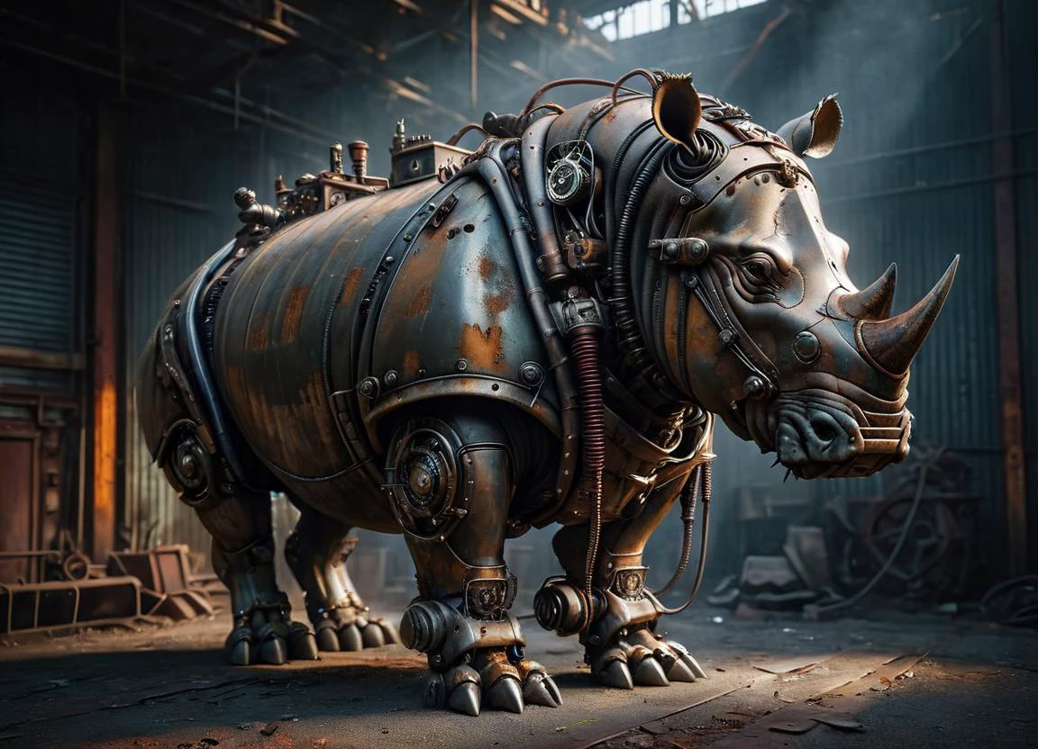 cinematic photo Mechanical cyborg (rhino), (((steampunk))), rusty old armor, old metal, robot, (((full body visible))), wires, realistic, creepy, scary, cables, apocalyptic background, looking at viewer, portrait, photography, detailed skin, realistic, photo-realistic, 8k, highly detailed, full length frame, High detail RAW color art, piercing, diffused soft lighting, shallow depth of field, sharp focus, hyperrealism, cinematic lighting ais-abandz . 35mm photograph, film, bokeh, professional, 4k, highly detailed