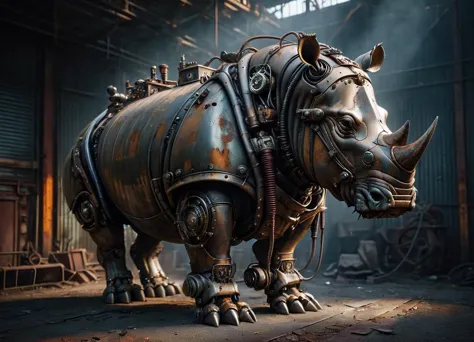 cinematic photo Mechanical cyborg (rhino), (((steampunk))), rusty old armor, old metal, robot, (((full body visible))), wires, r...
