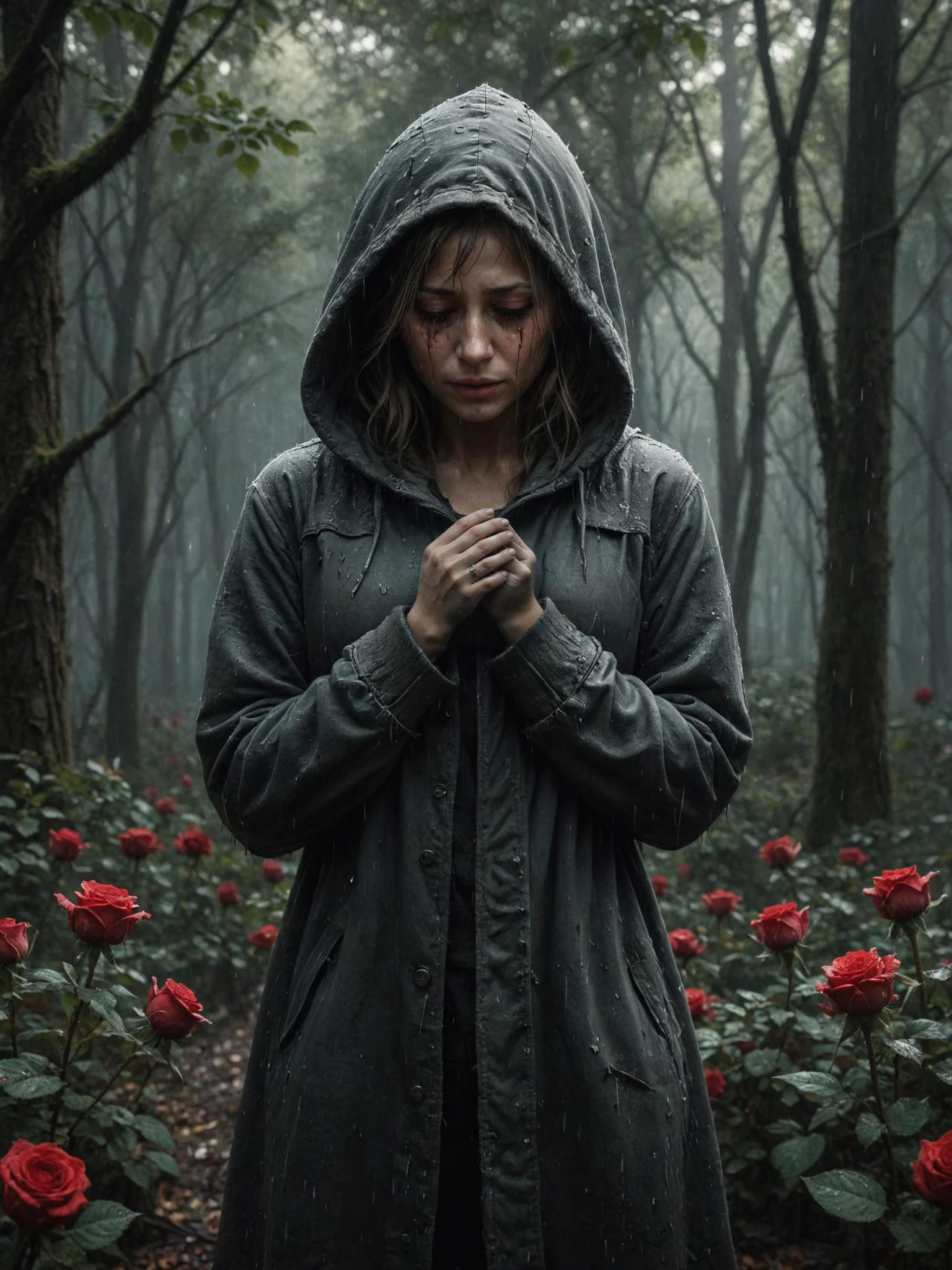 broken grief heart character crying, grief scene, most of red roses, most details, raining weather, in the dark forest, 32k, UHD, HDR, crying, tears, wearing hooded coat, ais-abandz, (dark theme:1.2), Perfect Hands