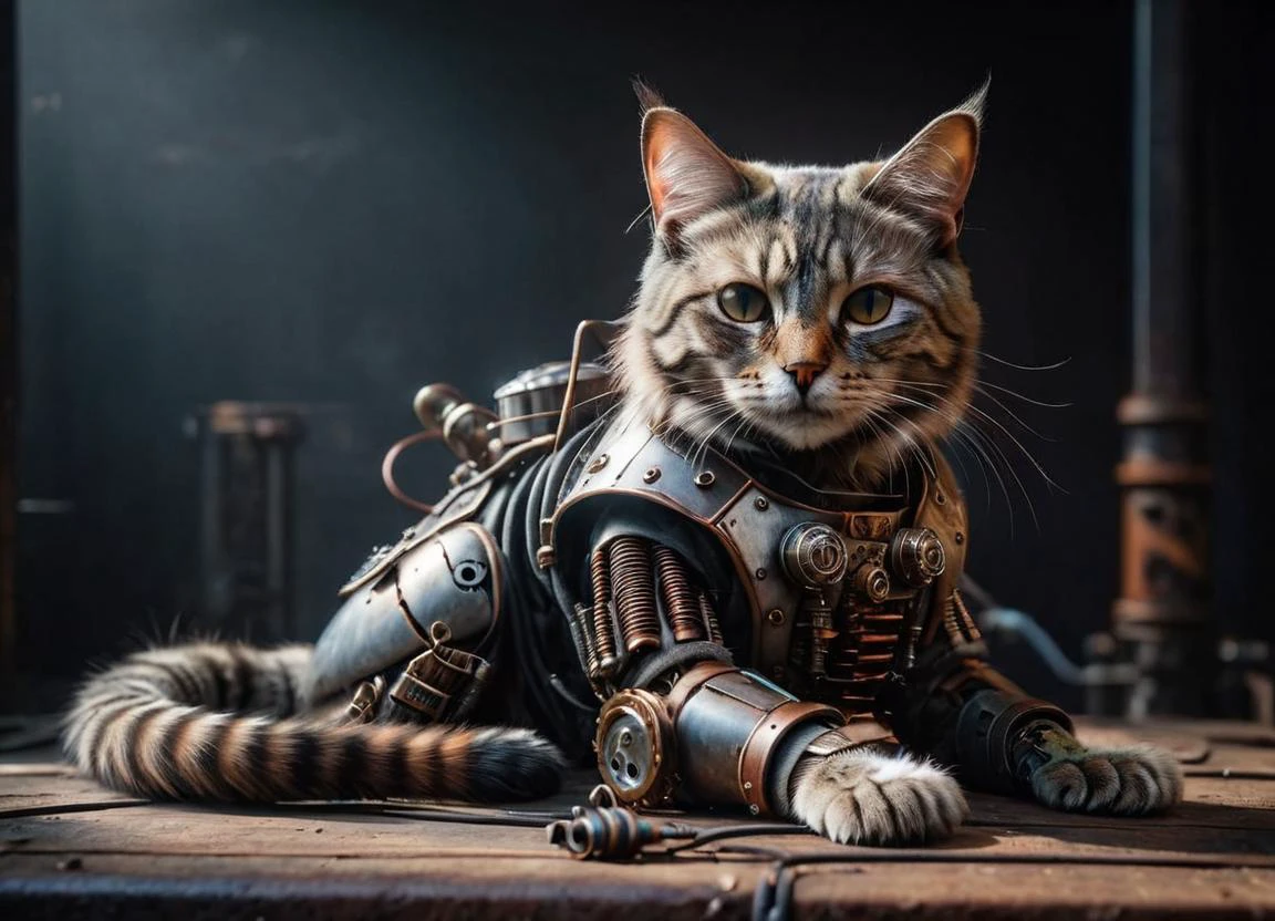cinematic photo Mechanical cyborg cat, (((steampunk))), rusty old armor, old metal, robot, (((full body visible))), wires, realistic, creepy, scary, cables, apocalyptic background, looking at viewer, portrait, photography, detailed skin, realistic, photo-realistic, 8k, highly detailed, full length frame, High detail RAW color art, piercing, diffused soft lighting, shallow depth of field, sharp focus, hyperrealism, cinematic lighting ais-abandz . 35mm photograph, film, bokeh, professional, 4k, highly detailed