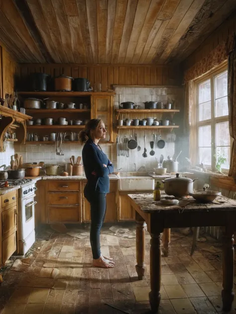 A woman standing in an ais-abandz kitchen <lora:Abandoned_SDXL:1>, 4k, uhd,masterpiece