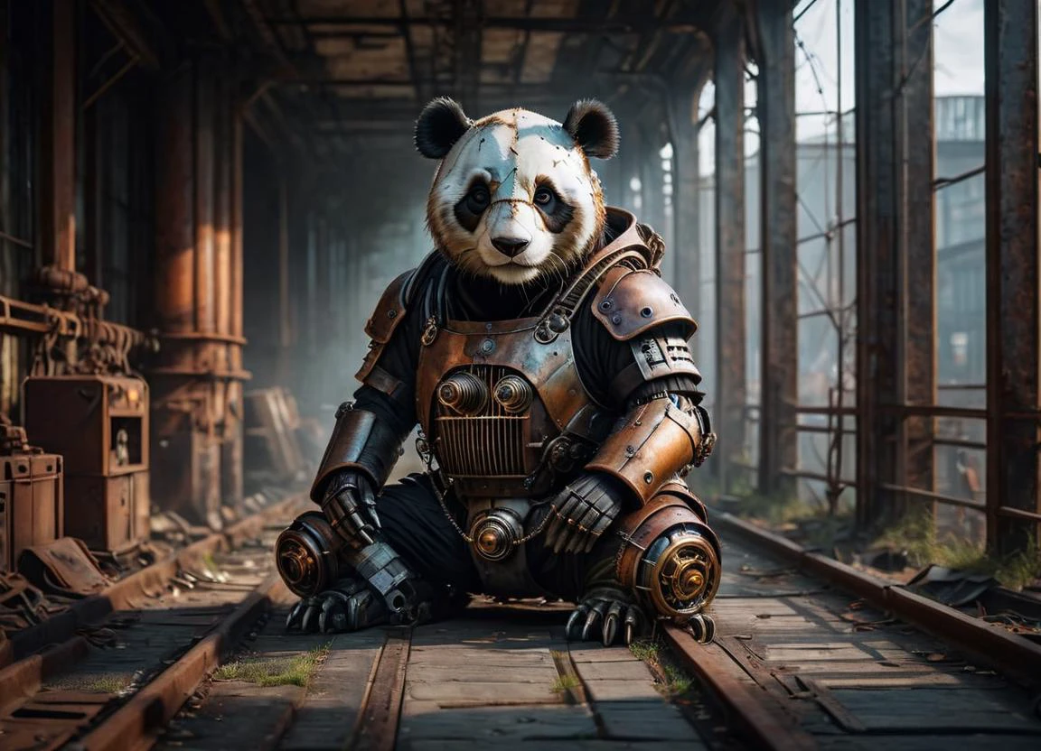 cinematic photo Mechanical cyborg (panda), (((steampunk))), rusty old armor, old metal, robot, (((full body visible))), wires, realistic, creepy, scary, cables, apocalyptic background, looking at viewer, portrait, photography, detailed skin, realistic, photo-realistic, 8k, highly detailed, full length frame, High detail RAW color art, piercing, diffused soft lighting, shallow depth of field, sharp focus, hyperrealism, cinematic lighting ais-abandz . 35mm photograph, film, bokeh, professional, 4k, highly detailed