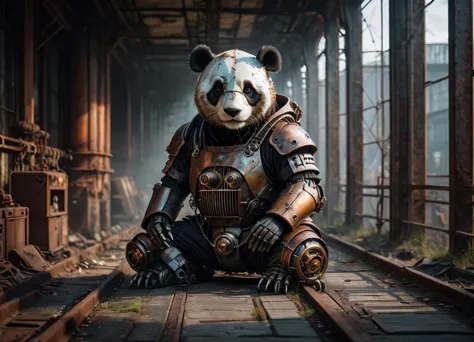 cinematic photo Mechanical cyborg (panda), (((steampunk))), rusty old armor, old metal, robot, (((full body visible))), wires, r...