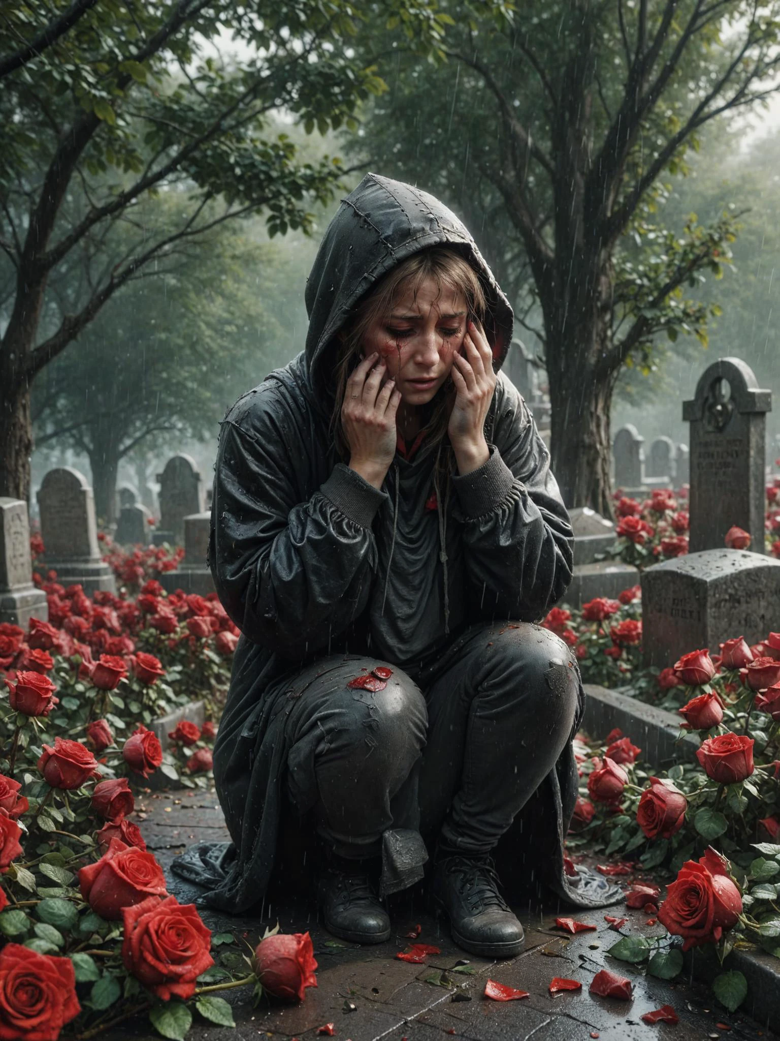 broken grief heart character crying, grief scene, most of red roses, most details, raining weather, blitz lighting at graveyard, 32k, UHD, HDR, crying, tears, wearing hood,  ais-abandz