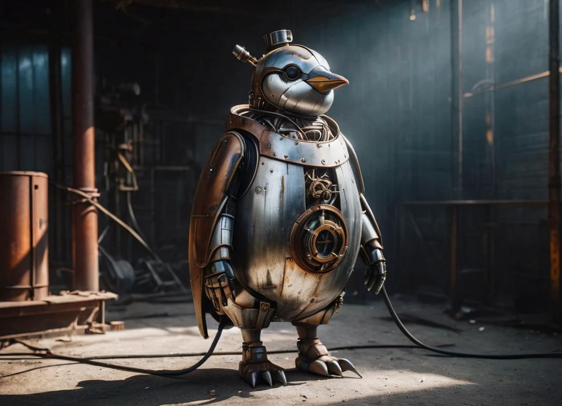 Filmfoto Mechanischer Cyborg (Kaiserpinguin), (((steampunk))), rostige alte Rüstung, altes Metall, robot, (((ganzer Körper sichtbar))), Drähte, realistisch, unheimlich, Beängstigend, Kabel, apokalyptischer Hintergrund, Betrachter betrachten, Porträt, Fotografie, detaillierte Haut, realistisch, photo-realistisch, 8k, sehr detailliert, Rahmen in voller Länge, Hochdetaillierte RAW-Farbgrafik, Piercing, diffuses, weiches Licht, geringe Schärfentiefe, scharfer Fokus, Hyperrealismus, Filmische Beleuchtung ais-abandz . 35mm Fotografie, Film, bokeh, Fachmann, 4k, sehr detailliert