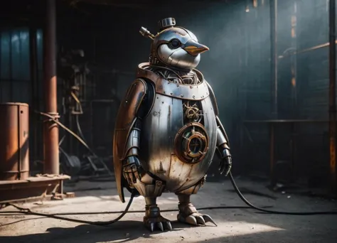 cinematic photo Mechanical cyborg (emporor penguin), (((steampunk))), rusty old armor, old metal, robot, (((full body visible)))...