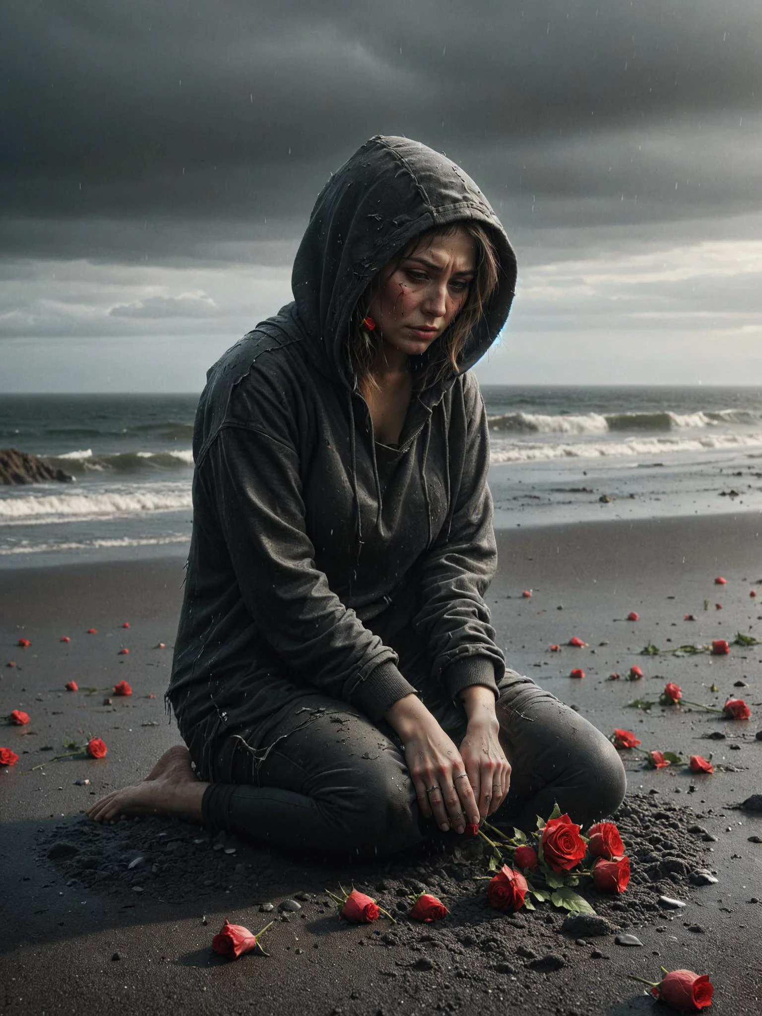 broken grief heart character crying, grief scene, most of red roses, most details, raining weather, blitz lighting at beach, 32k, UHD, HDR, crying, tears, wearing hood, ais-abandz, (dark theme:1.2), (black sand:1.1),  Perfect Hands