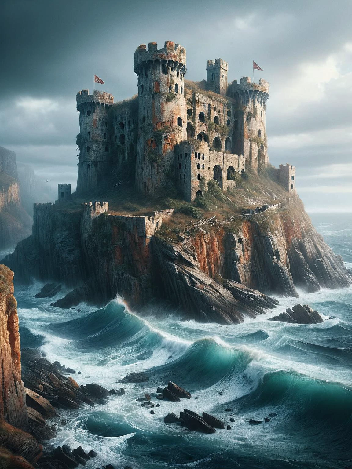 An ais-abandz fortress on a sea-facing cliff, enduring the relentless assault of waves and wind 4k, uhd,masterpiece
