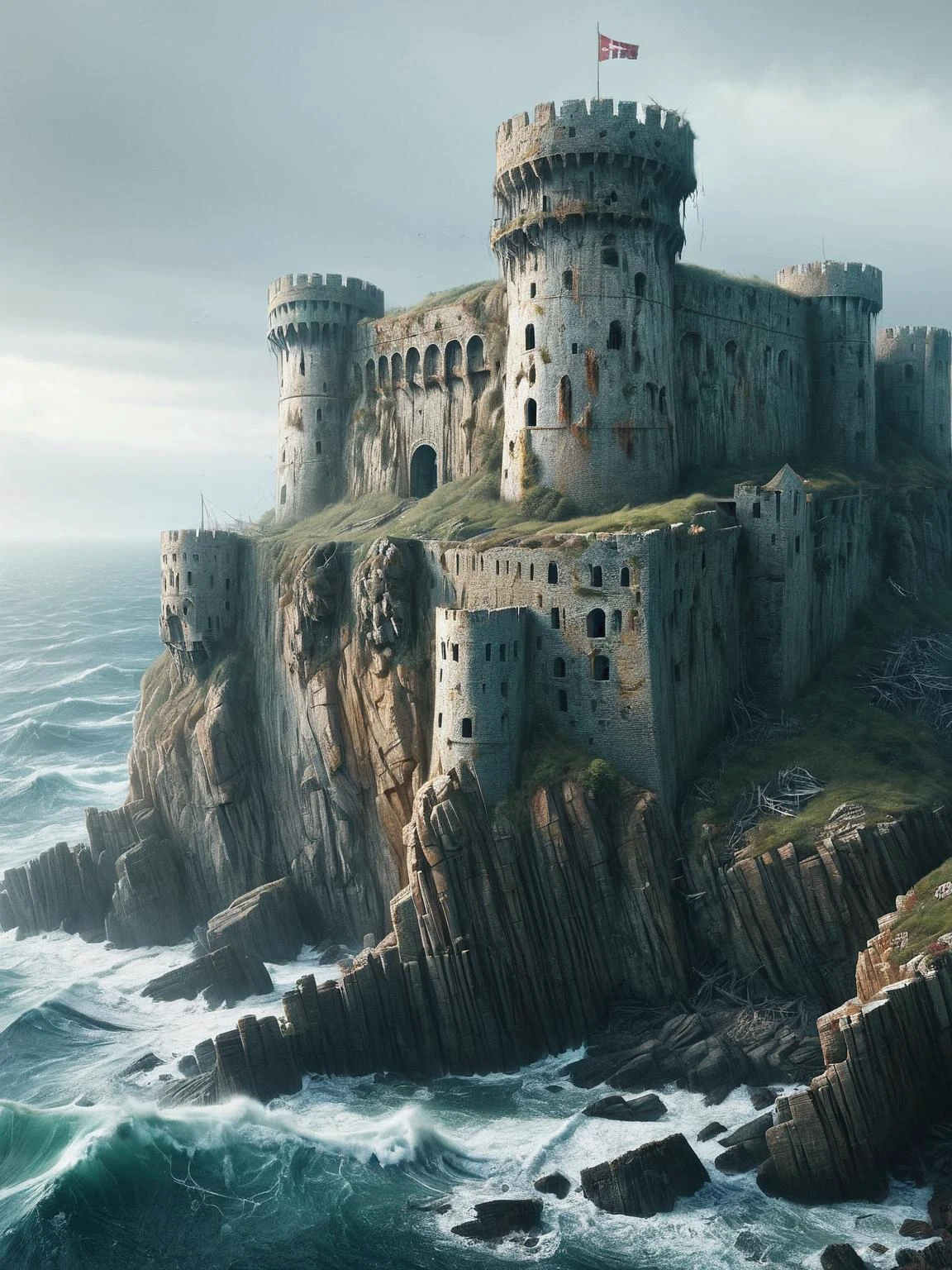 An ais-abandz fortress on a sea-facing cliff, enduring the relentless assault of waves and wind 4k, uhd,masterpiece