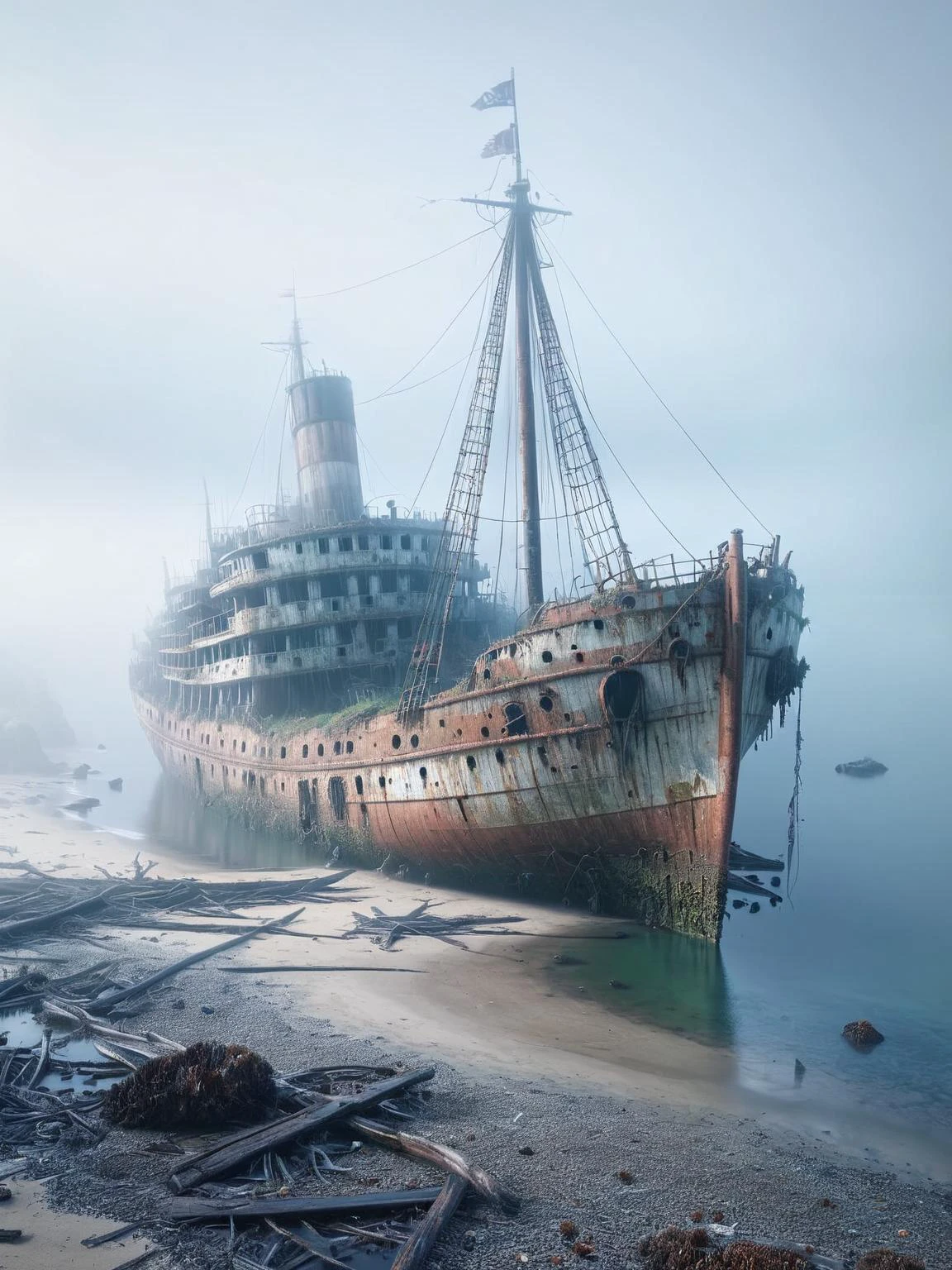 An ais-abandz ship on a foggy shoreline with remnants of its journey scattered around 4k, uhd,masterpiece
