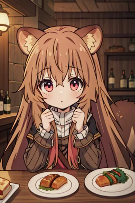 masterpiece, best quality,ultra detail,<lora:GoodHands-vanilla:0.7>,,girl, ,raphtalia,bangs,long_hair,brown_hair,animal_ears,raccoon_girl,raccoon_ears,hair_between_eyes,animal_ear_fluff,,long_sleeves,racoon_tail,tail <lora:raphtalia:0.7>,fantasy bar,table,food,eat