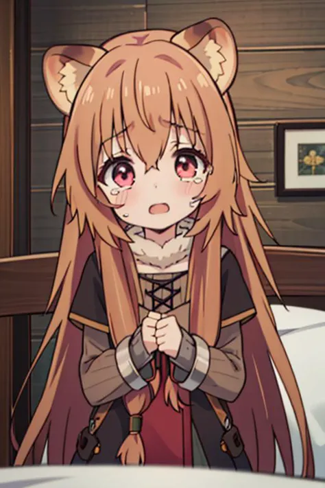 masterpiece, best quality,ultra detail,<lora:GoodHands-vanilla:0.7>,girl, ,raphtalia,bangs,long_hair,brown_hair,animal_ears,raccoon_girl,raccoon_ears,hair_between_eyes,animal_ear_fluff,long_sleeves <lora:raphtalia:0.7>,fantacy inn,wooden bed,crying ,tears,open mouth