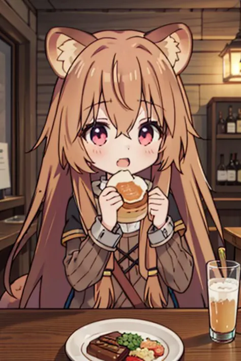 masterpiece, best quality,ultra detail,<lora:GoodHands-vanilla:0.7>,,girl, ,raphtalia,bangs,long_hair,brown_hair,animal_ears,raccoon_girl,raccoon_ears,hair_between_eyes,animal_ear_fluff,,long_sleeves,racoon_tail,tail <lora:raphtalia:0.7>,fantasy bar,table,food,eating,happy,open mouth