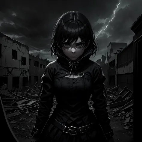 anime girl in black outfit standing in a ruined city