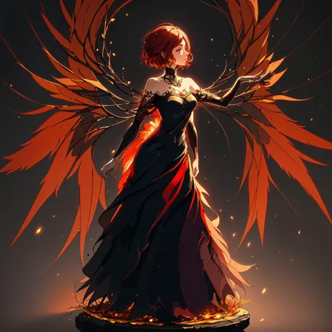 a woman with red hair and wings standing on a pedestal