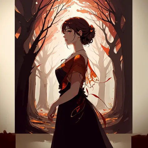 there is a woman in a dress standing in a forest