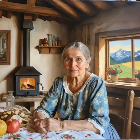 oil painting of a beautiful old grandmother  in a cozy bavarian cottage, oil on canvas,anxarmas,  <lora:anarmas_juggerx_xl_3_sta...