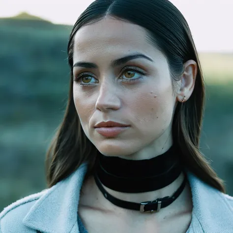 skin texture, super high res closeup portrait photo of a woman outdoors with straight hair, wearing a small choker around her ne...