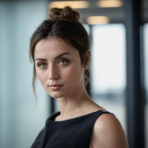 a close up of a woman in a black dress looking at the camera