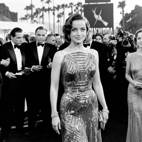 black and white red carpet photograph of an old hollywood starlet, flash photo, glamour,  anxarmas,   <lora:anarmas_juggerx_xl_3...