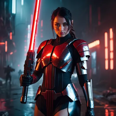 photo of a female soldier in the year 2436 with futuristic cybernetic enhancements holding a red lightsaber, dystopian backgroun...