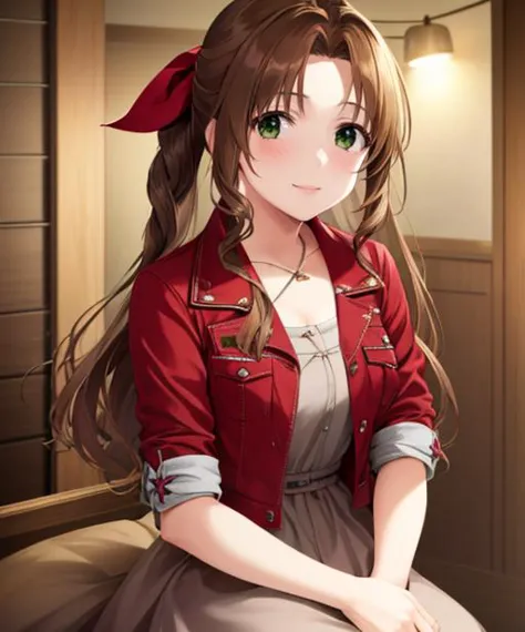 portrait, (adult woman), (1girl, solo), smile, (brown hair), green eyes, ((slums)), (night, hazy), ((best quality, high detail)), ((masterpiece)), aerith gainsborough, hair ribbon, braid, red cropped jacket, dress, 