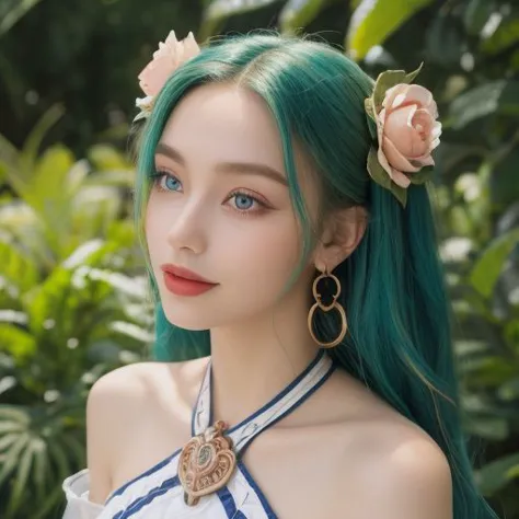 a woman with green hair and a flower in her hair