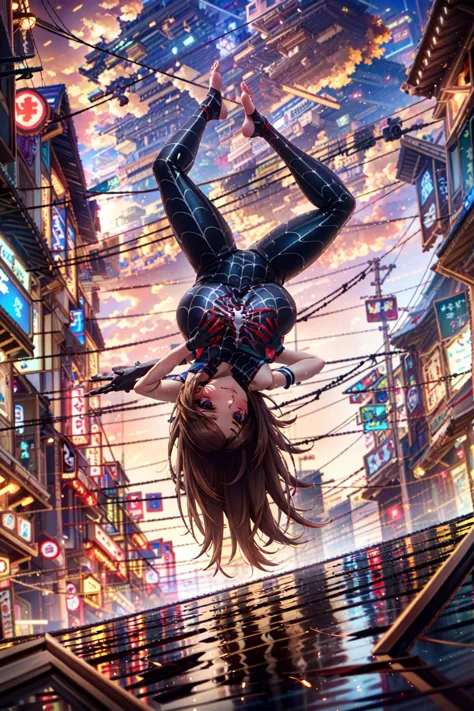 a woman upside down in a city at night