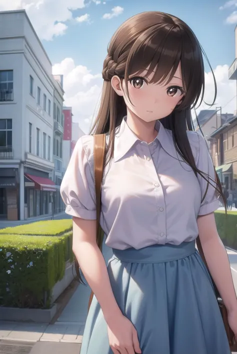 mizuharachizuru, <lora:chizuruichinosepopochichi-lora-nochekaiser:1>,
chizuru ichinose popochichi, long hair, brown hair, (brown eyes:1.5), (one side up:1.5), bangs, braid, hair braid,
BREAK shirt, short sleeves, puffy sleeves, collared shirt, white collar, pink shirt, skirt, blue skirt,
BREAK outdoors, city,
BREAK looking at viewer, (cowboy shot:1.5),
BREAK <lyco:GoodHands-beta2:1>, (masterpiece:1.2), best quality, high resolution, unity 8k wallpaper, (illustration:0.8), (beautiful detailed eyes:1.6), extremely detailed face, perfect lighting, extremely detailed CG, (perfect hands, perfect anatomy),