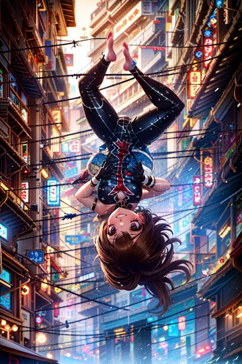 a woman upside down in a city with wires and neon lights