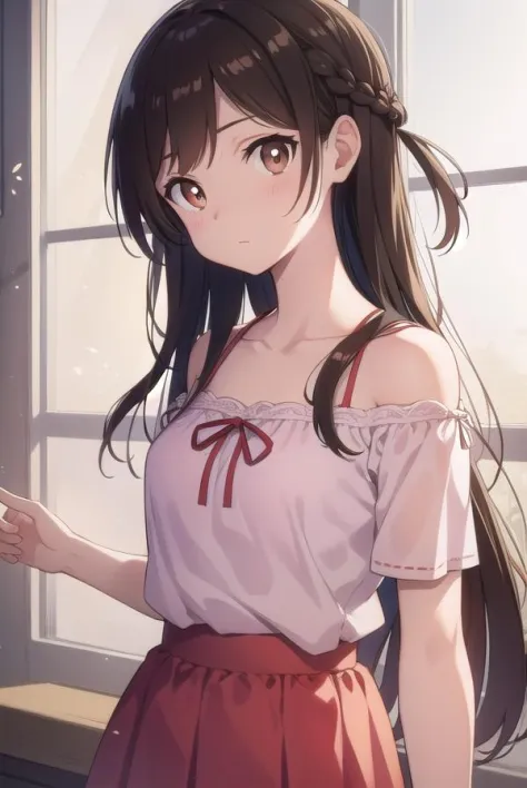 mizuharachizuru, mizuhara chizuru, (brown eyes:1.5), brown hair, long hair, (one side up:1.2),
BREAK bare shoulders, collarbone, pink shirt, puffy short sleeves, puffy sleeves, red bow, shirt, short sleeves, skirt, white skirt,
BREAK indoors, classroom,
BREAK looking at viewer, 
BREAK (masterpiece:1.2), best quality, high resolution, unity 8k wallpaper, (illustration:0.8), (beautiful detailed eyes:1.6), extremely detailed face, perfect lighting, extremely detailed CG, (perfect hands, perfect anatomy),