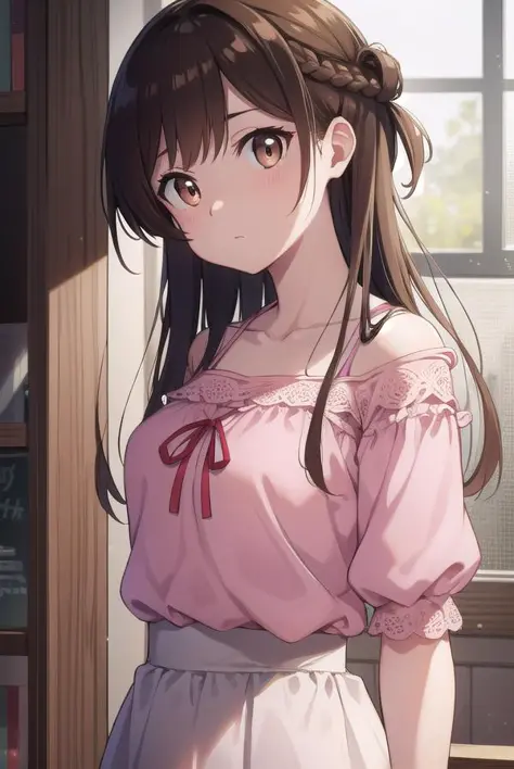 mizuharachizuru, <lora:mizuharachizurutest:1>, mizuhara chizuru, (brown eyes:1.5), brown hair, long hair, (one side up:1.2),
BREAK bare shoulders, collarbone, pink shirt, puffy short sleeves, puffy sleeves, red bow, shirt, short sleeves, skirt, white skirt,
BREAK indoors, classroom,
BREAK looking at viewer, 
BREAK <lora:GoodHands-vanilla:1>, (masterpiece:1.2), best quality, high resolution, unity 8k wallpaper, (illustration:0.8), (beautiful detailed eyes:1.6), extremely detailed face, perfect lighting, extremely detailed CG, (perfect hands, perfect anatomy),