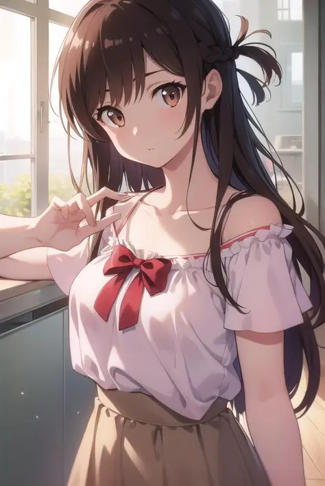 mizuharachizuru, mizuhara chizuru, (brown eyes:1.5), brown hair, long hair, (one side up:1.2),
BREAK bare shoulders, collarbone, pink shirt, puffy short sleeves, puffy sleeves, red bow, shirt, short sleeves, skirt, white skirt,
BREAK indoors, classroom,
BREAK looking at viewer, 
BREAK (masterpiece:1.2), best quality, high resolution, unity 8k wallpaper, (illustration:0.8), (beautiful detailed eyes:1.6), extremely detailed face, perfect lighting, extremely detailed CG, (perfect hands, perfect anatomy),