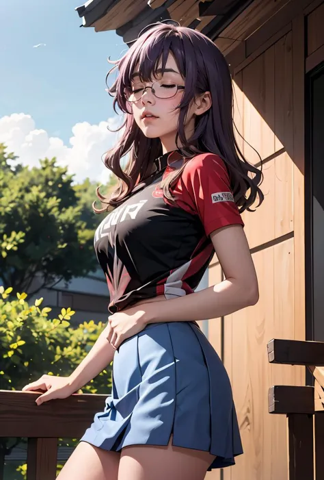 (masterpiece, best quality), 1girl,   <lora:ichinoseyayoi-nvwls-v1:0.8> ichinoseyayoi, closed eyes, glasses, red and black shirt, short sleeves, clothes writing, blue skirt, shorts under skirt