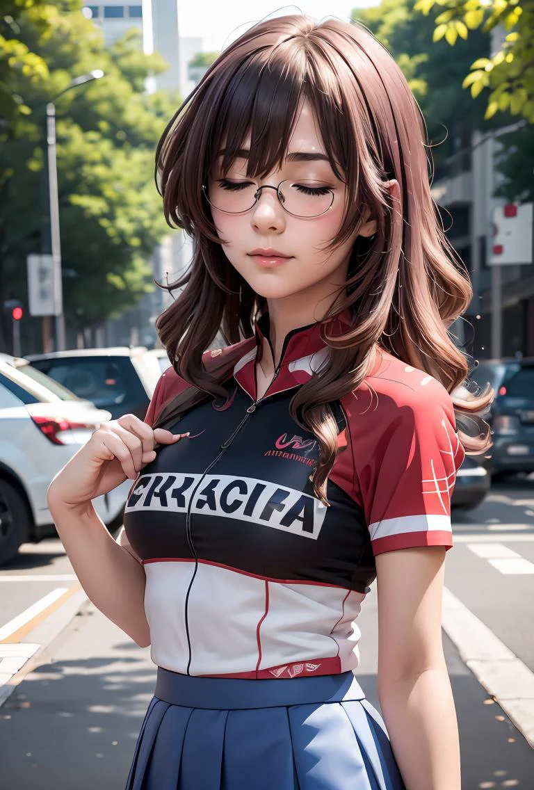 (masterpiece, best quality), 1girl,   ichinoseyayoi, closed eyes, glasses, red and black shirt, short sleeves, clothes writing, blue skirt, shorts under skirt