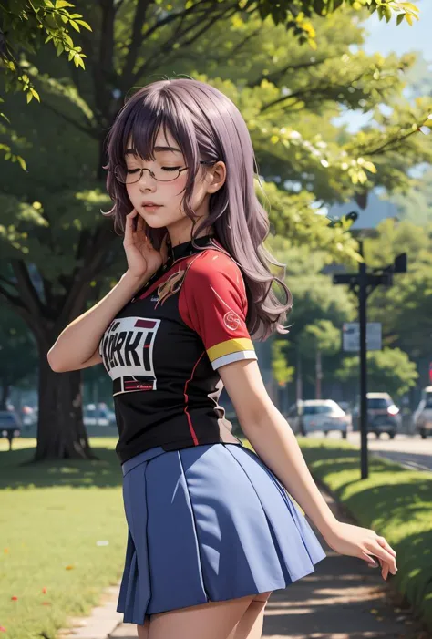 (masterpiece, best quality), 1girl,   <lora:ichinoseyayoi-nvwls-v1:0.8> ichinoseyayoi, closed eyes, glasses, red and black shirt, short sleeves, clothes writing, blue skirt, shorts under skirt