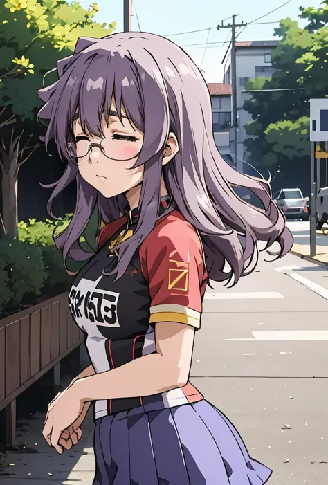 anime girl with long purple hair walking down a street