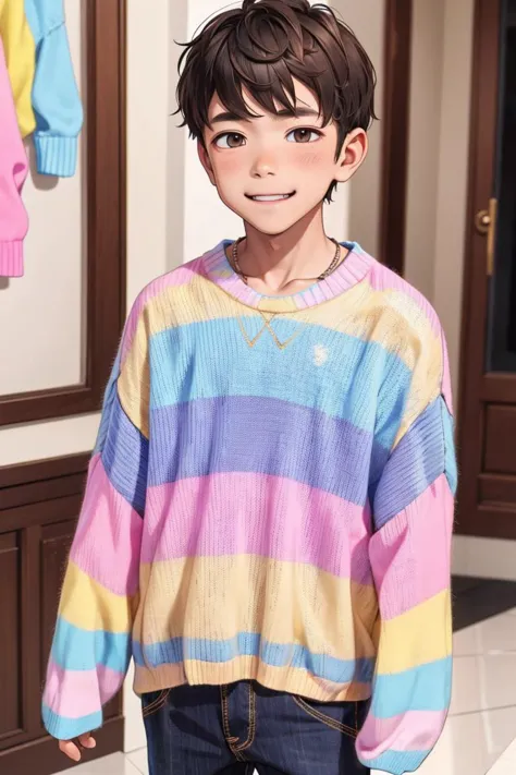 a cartoon boy with a colorful sweater and jeans standing in front of a closet