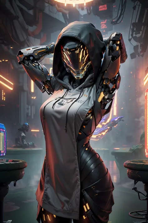 a woman in a hoodie holding a gun in a futuristic setting