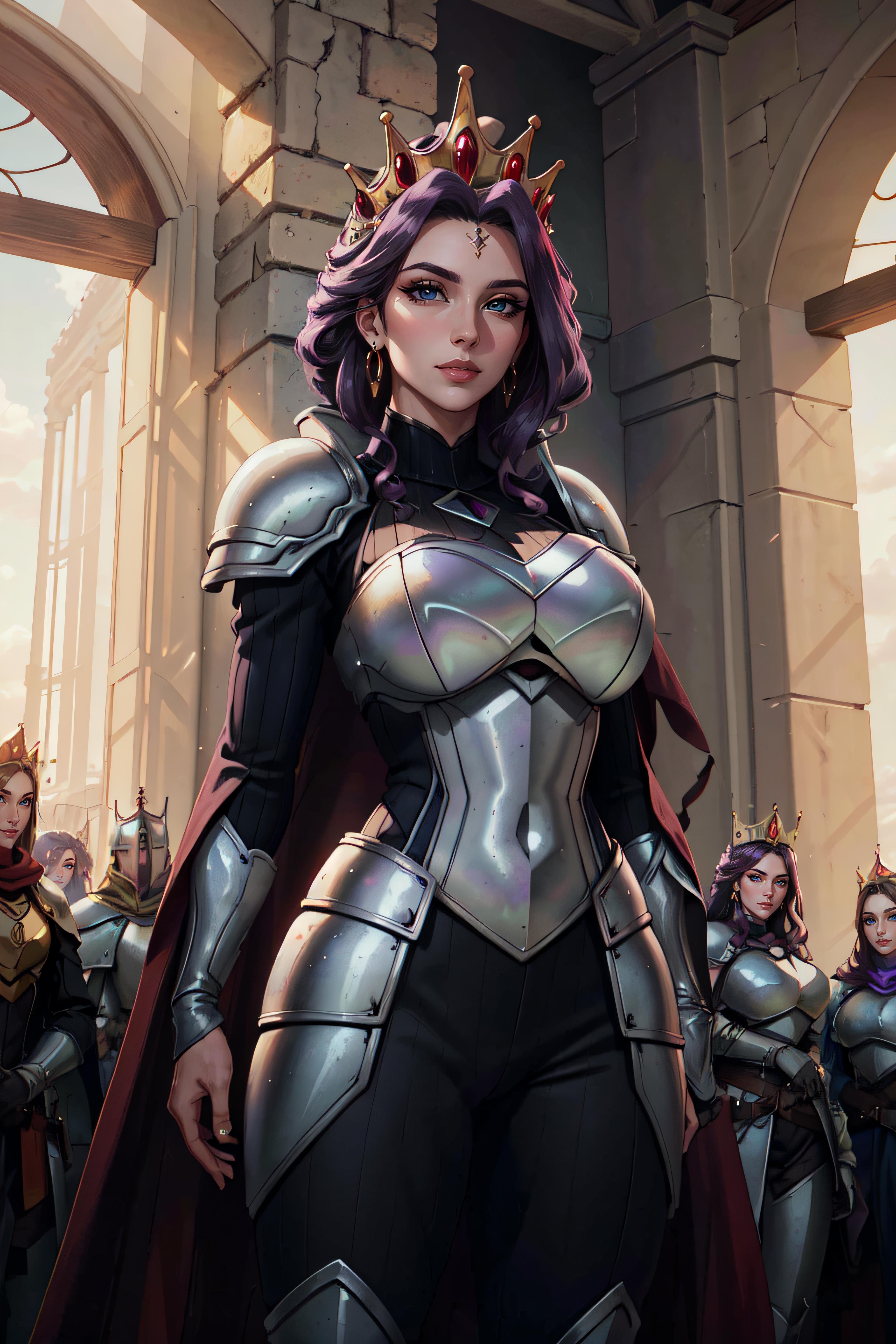 A woman in armor standing in front of a group of people - SeaArt AI