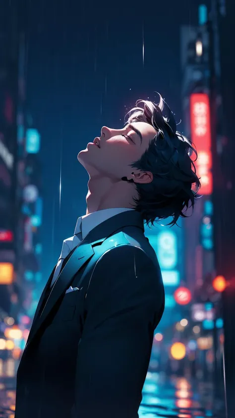 abstract art, bokeh, city rain,<lora:sxz-niji-v2:0.6> , handsome male model, blue and black theme,  suit, in rain, wet hair, lapel pin, looking  up. eyes closed, dutcg angle, <lora:epi_noiseoffset2:1> , streaming tears,